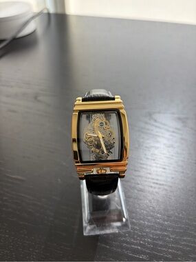 Men's Gold Skeleton Watch with Black Leather Strap